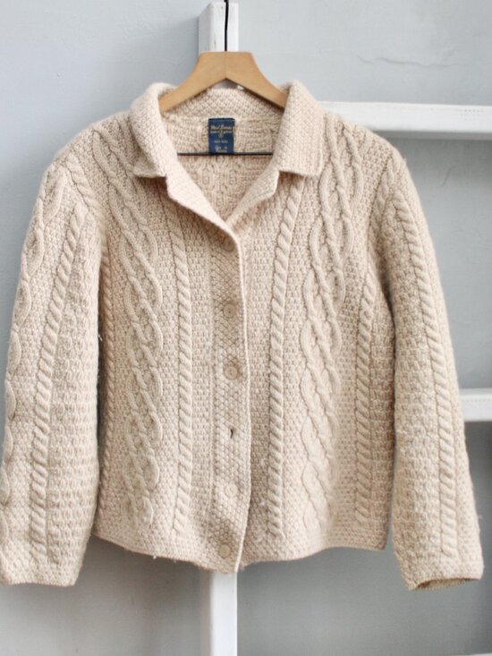 Paul James Sweaters - Paul James England Cardigan Cable Knit Wool Sweater Cream Tan Size Small